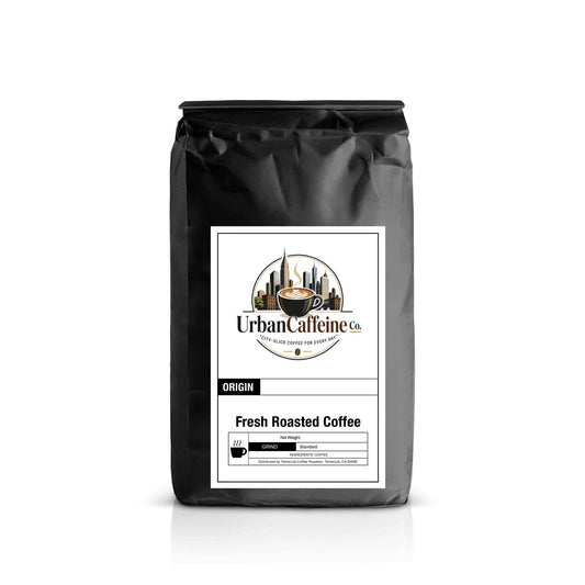 Uganda Coffee – Fresh roasted coffee bag from Urban Caffeine Company showing premium quality coffee beans.