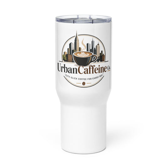 Travel Mug With Handle featuring UrbanCaffeine Co. logo, perfect for hot beverages on the go.